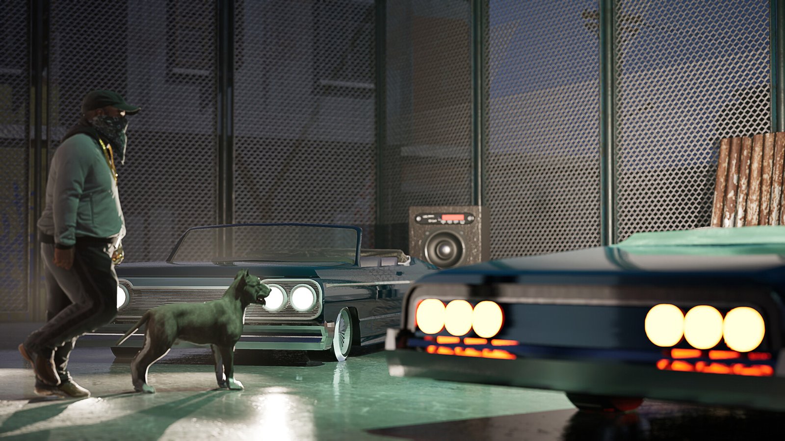 A character and dog beside customized cars