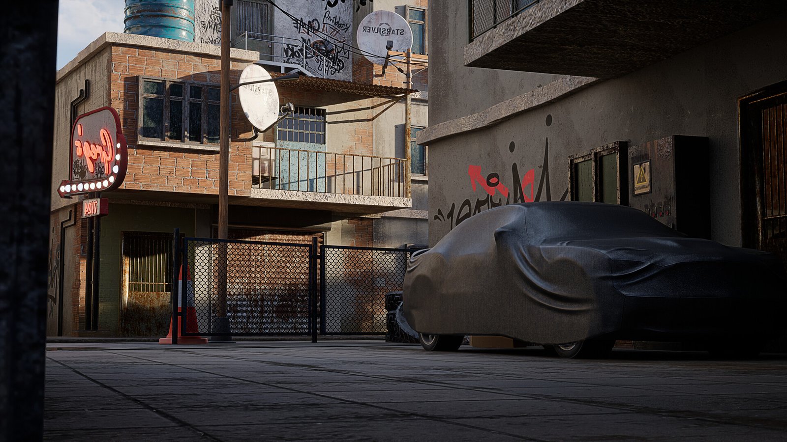 The detailed brick streets and garage exterior in Illegal Mechanic Simulator