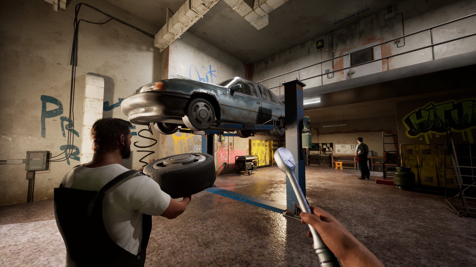 A mechanic working beside a car lift in Illegal Mechanic Simulator
