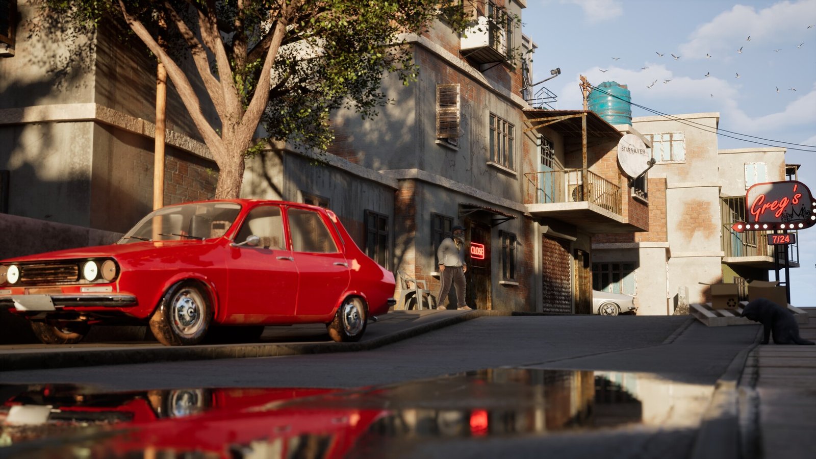 A red sports car parked on a neighborhood street